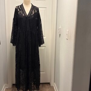 Johnny Was Black Lace V-Neck Maxi Dress, size m